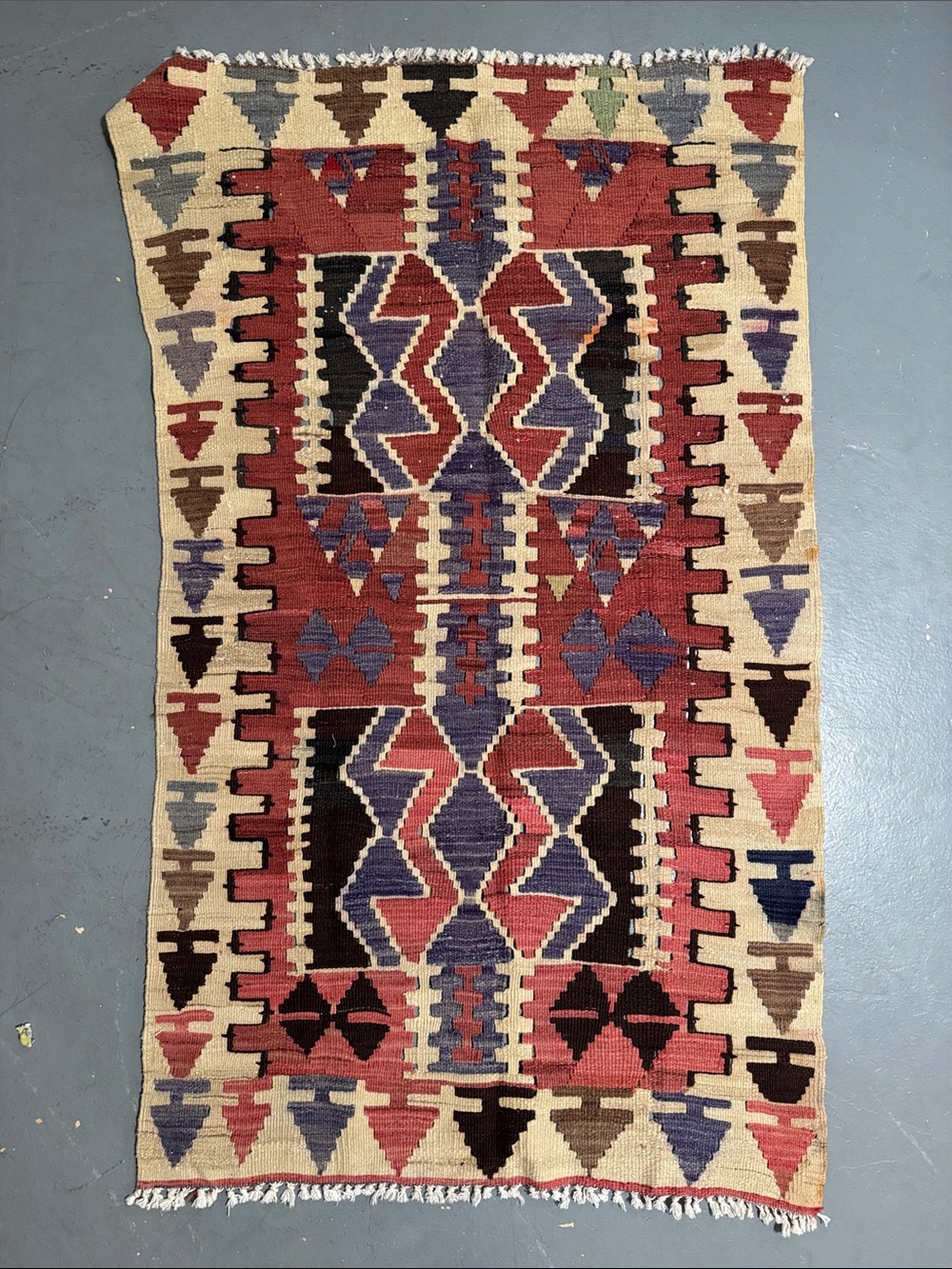 Vintage Handwoven Geometric Kilim Rug - Red, Purple, Cream